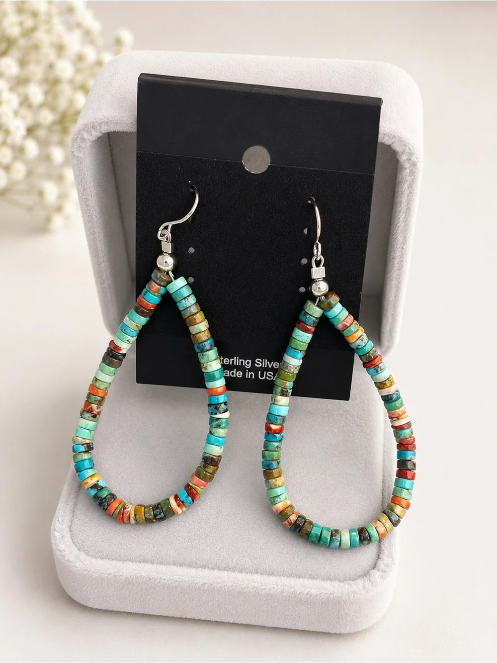Sterling Silver Turquoise Multicolor Heishi Bead Teardrop Earrings